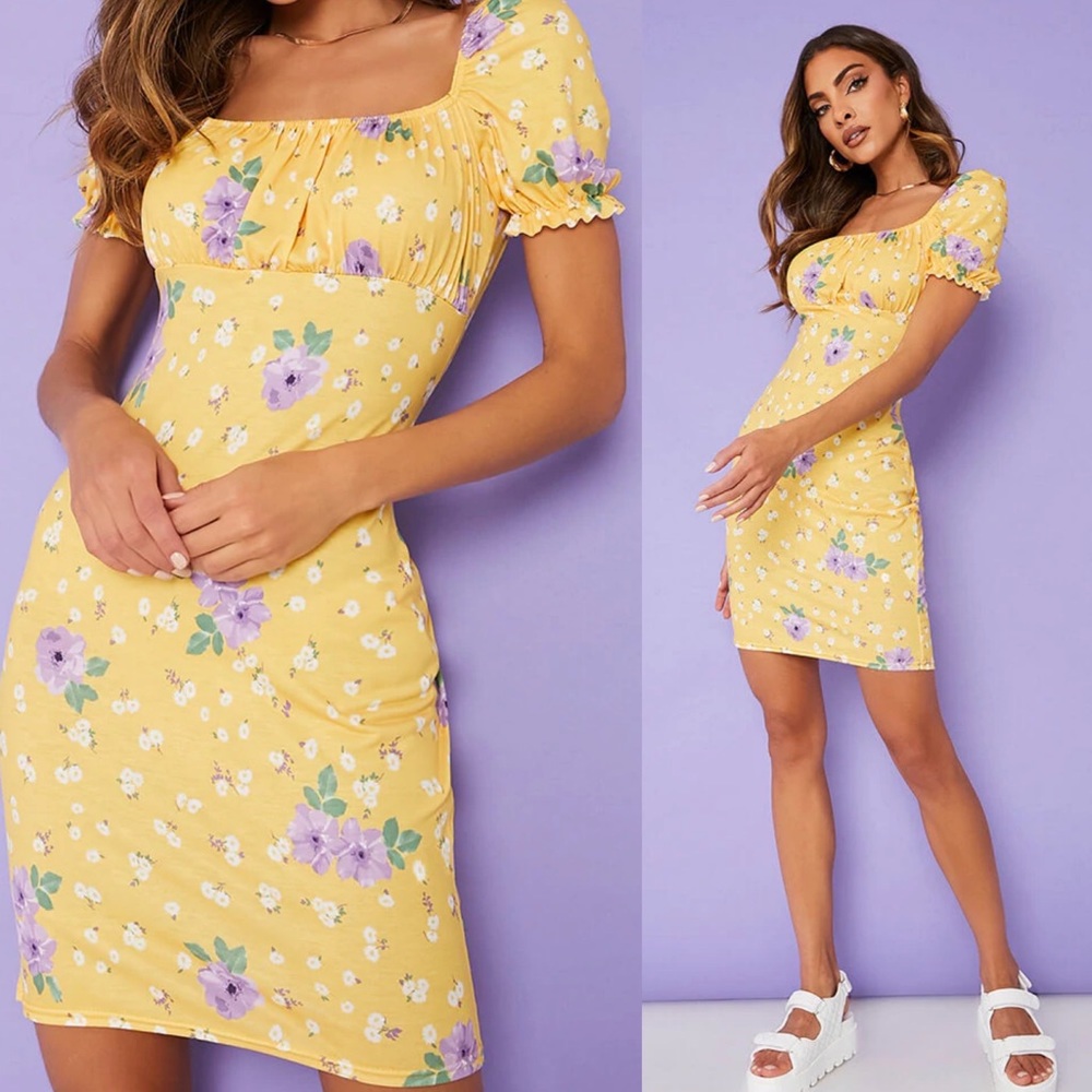 Lemon Floral Ruched Bust Puff Sleeve Bodycon Dress Size S ISAWITFIRST